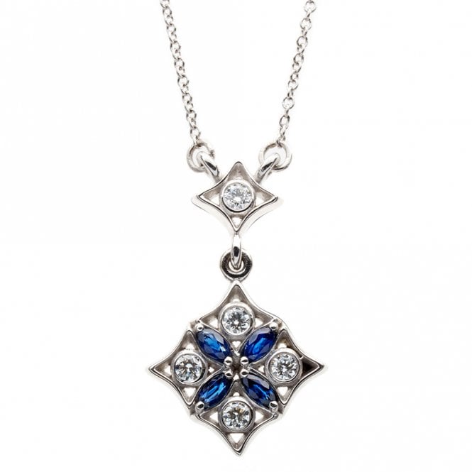 18ct white gold diamond and sapphire trefoil necklace
