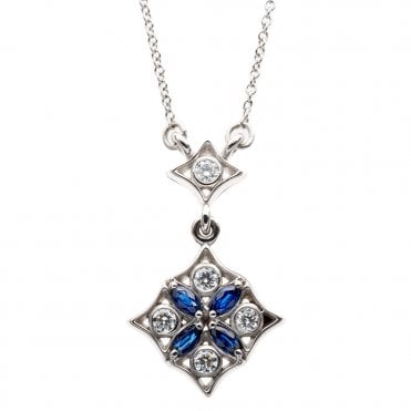 18ct white gold diamond and sapphire trefoil necklace