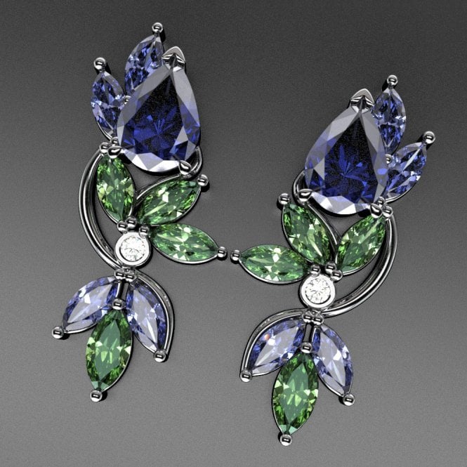 18ct White gold diamond tanzanite & green sapphire drop earrings
