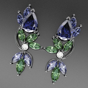 18ct White gold diamond tanzanite & green sapphire drop earrings