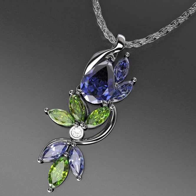 18ct White gold diamond tanzanite & green sapphire pendant
