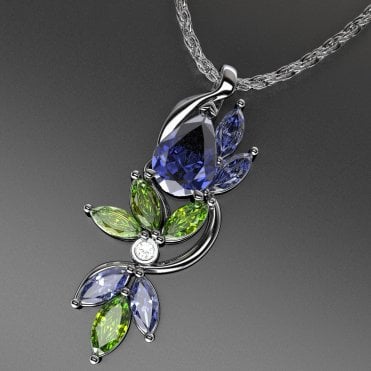 18ct White gold diamond tanzanite & green sapphire pendant