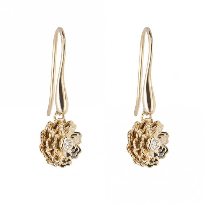 9ct Diamond Peony Flower Drop Earrings