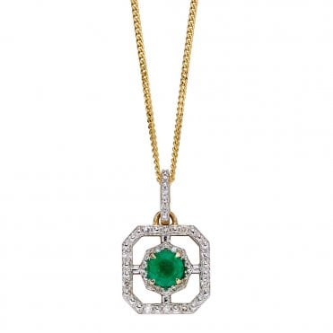 9ct emerald and diamond pendant and chain