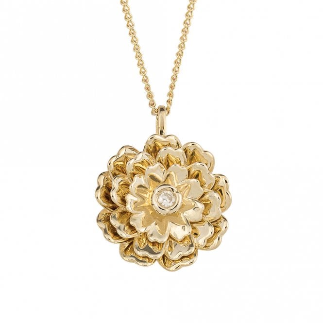 9ct Gold and Diamond Peony Flower pendant and chain