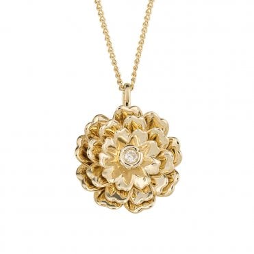 9ct Gold and Diamond Peony Flower pendant and chain