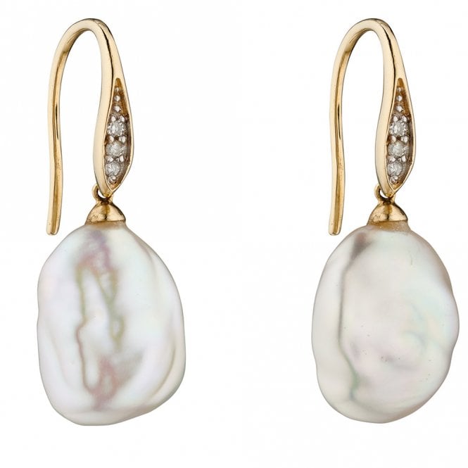 9ct Gold Diamond and Keshi Pearl Drop Earrings