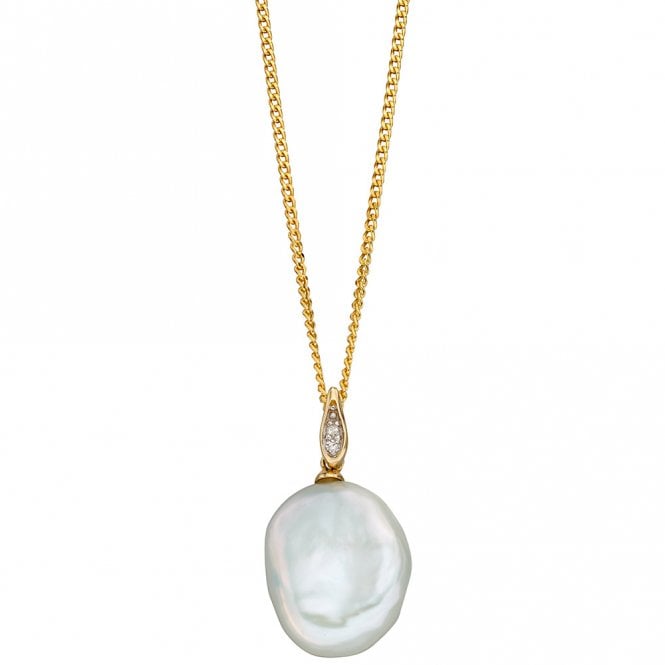9ct Gold Diamond and Keshi Pearl Pendant and Chain