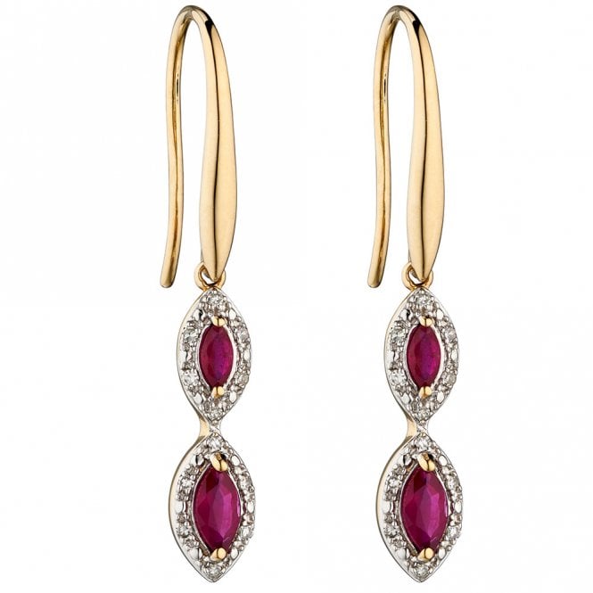 9ct gold diamond and ruby drop earrings