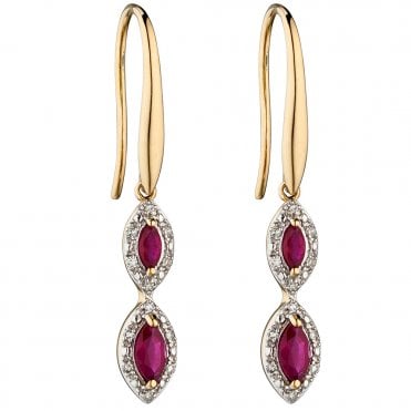 9ct gold diamond and ruby drop earrings