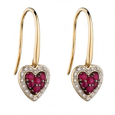 9ct Gold Diamond and Ruby Drop Earrings