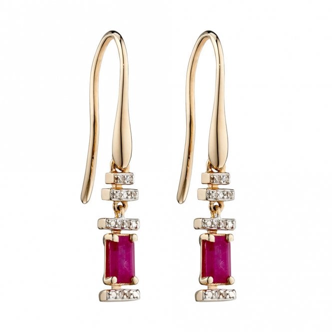 9ct Gold Diamond and Ruby Drop Earrings