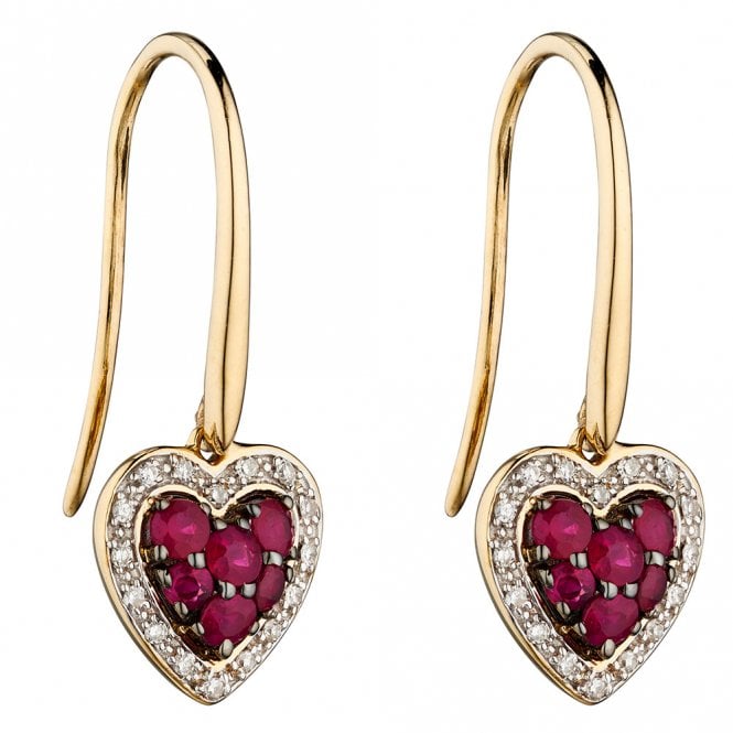 9ct Gold Diamond and Ruby Heart Drop Earrings