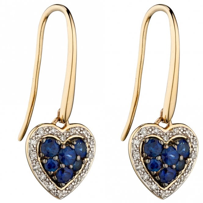 9ct gold diamond and sapphire heart stud earrings
