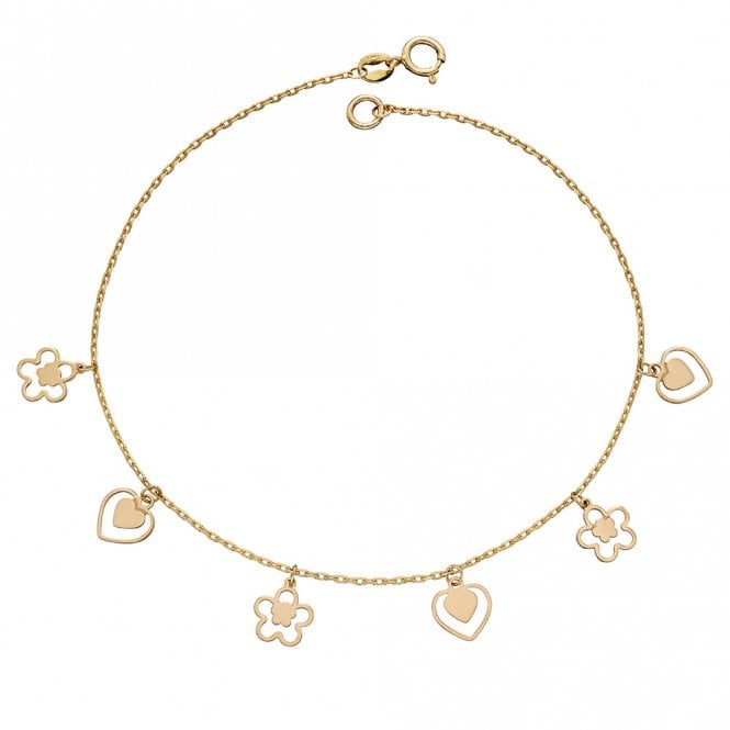 9ct Gold Heart and Flower Charm Bracelet