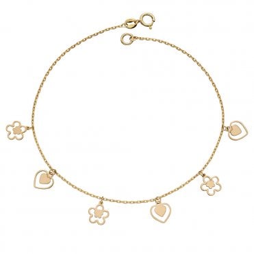 9ct Gold Heart and Flower Charm Bracelet