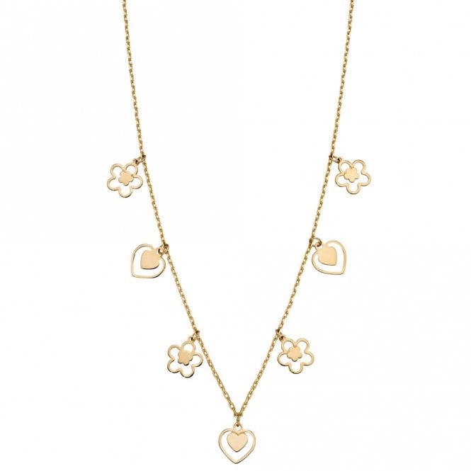 9ct Gold Heart and Flower Charm Necklace