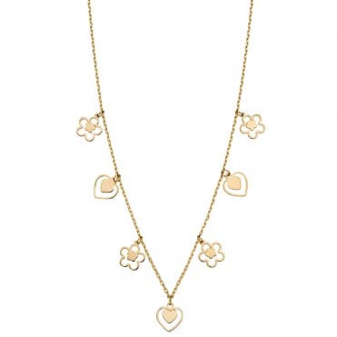 9ct Gold Heart and Flower Charm Necklace