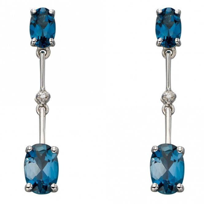 9ct white gold diamond and London blue topaz drop earrings