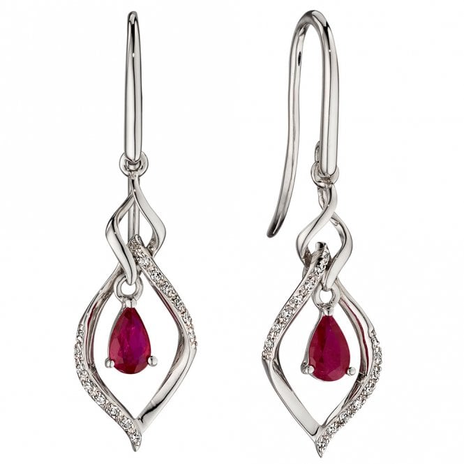 9ct white gold diamond and ruby drop earrings