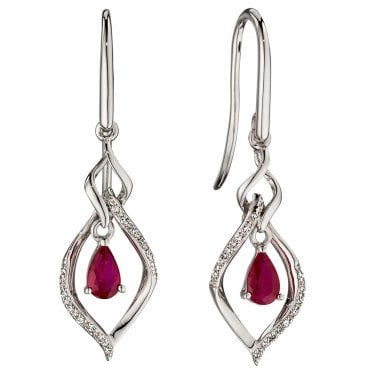 9ct white gold diamond and ruby drop earrings