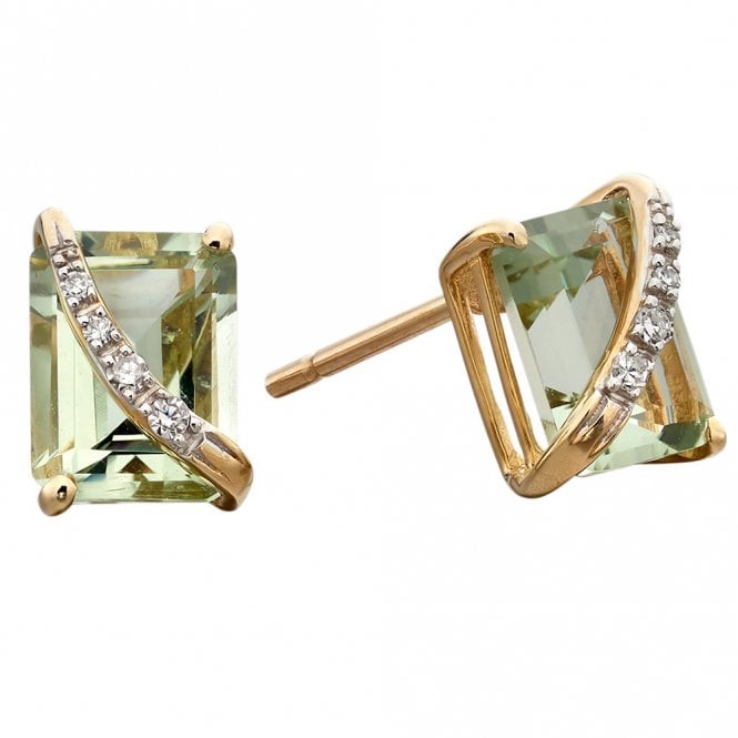 9ct yellow gold diamond and green amethyst earrings
