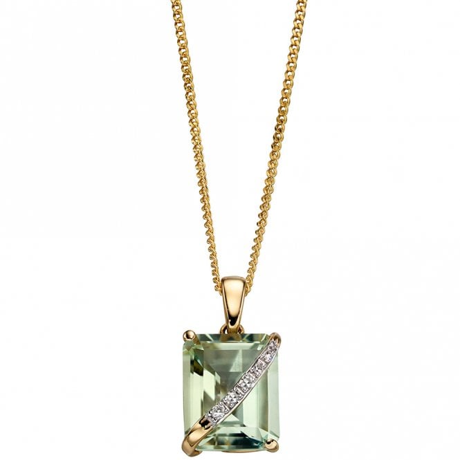 9ct yellow gold diamond and green amethyst necklace