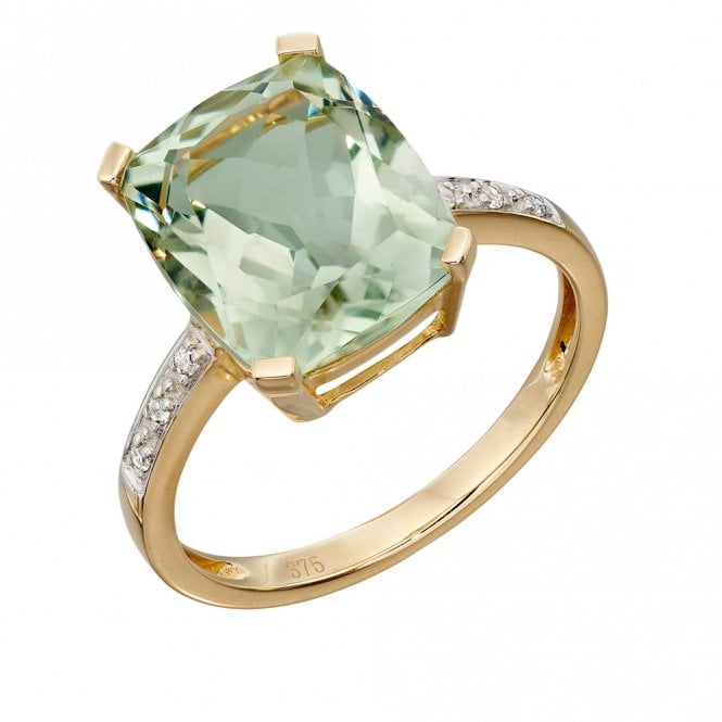 9ct yellow gold diamond and green amethyst ring