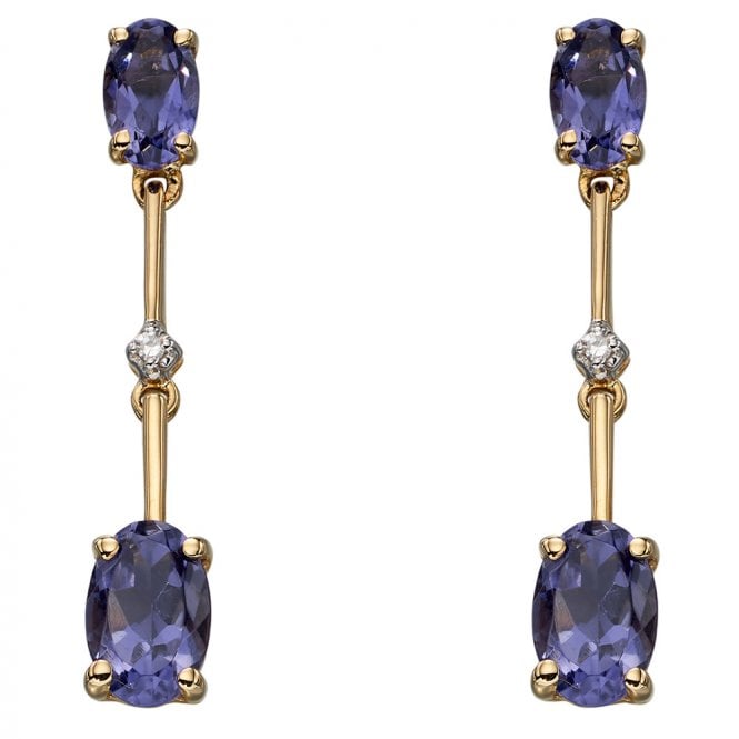 9ct yellow gold diamond and iolite drop earrings