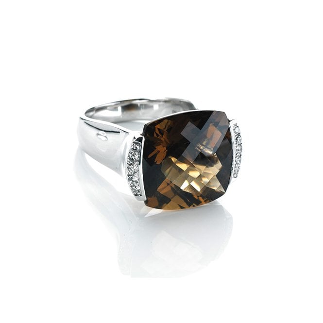 Brown quartz and diamond ring