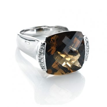Brown quartz and diamond ring