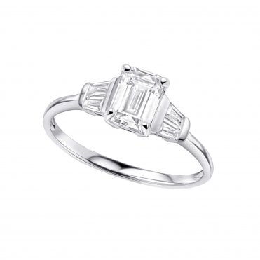 Emerald and baguette cut trilogy ring