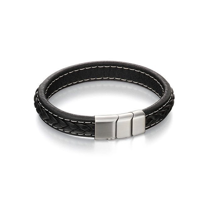 Gents stainless steel and black leather bracelet