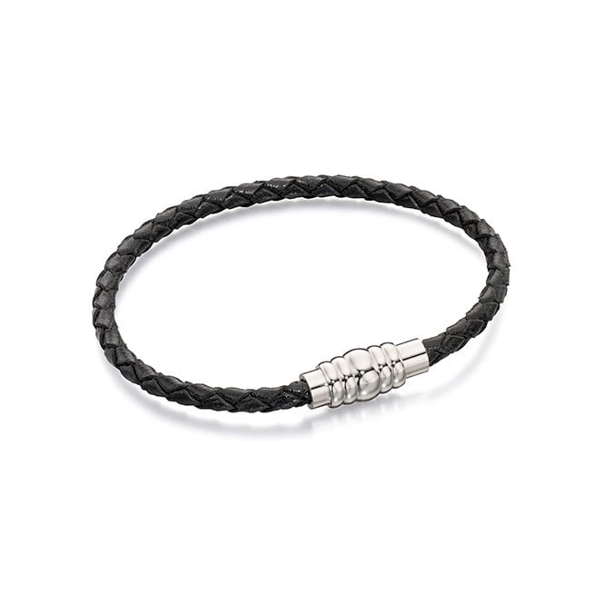 Gents stainless steel and black leather bracelet