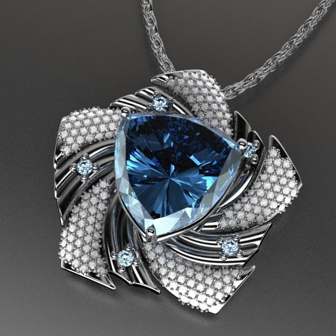 Platinum diamond and blue topaz pendant