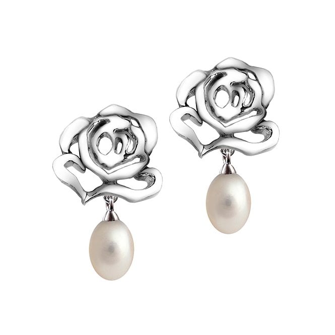 Rose stud earrings with pearl drop by Fei Liu
