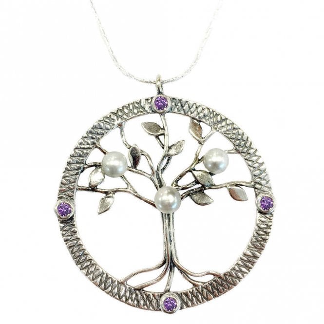 Silver amethyst and pearl tree pendant and chain