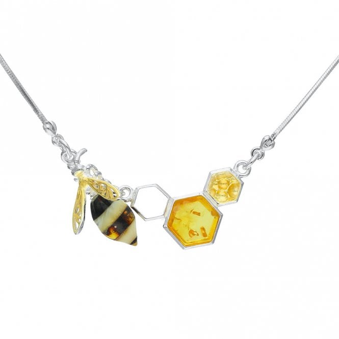 Silver and amber bee and honeycomb necklace