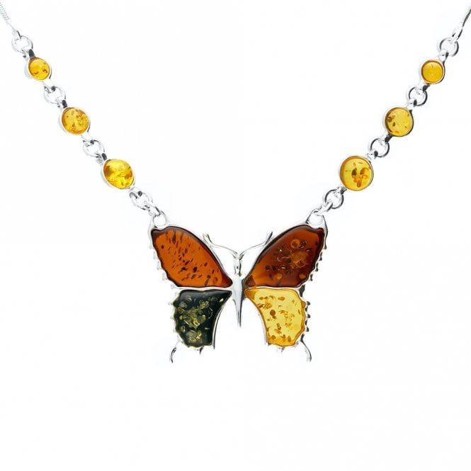 Silver and amber butterfly necklace
