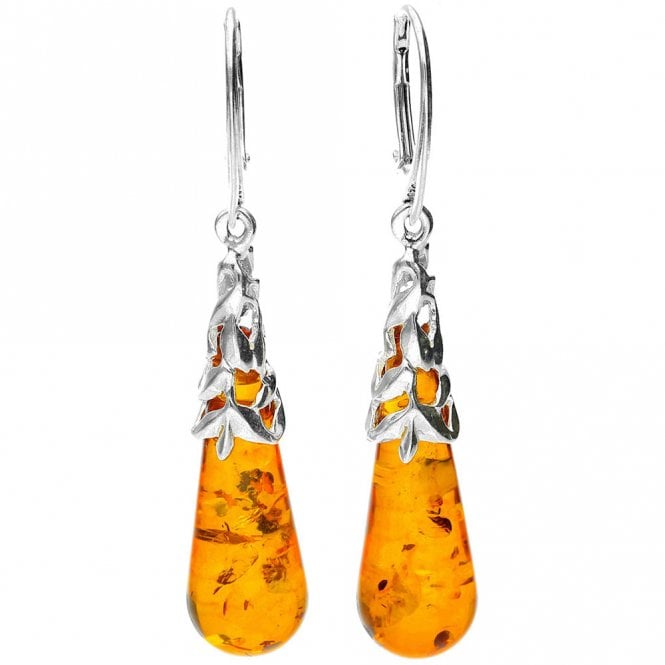 Silver and amber drop earrings