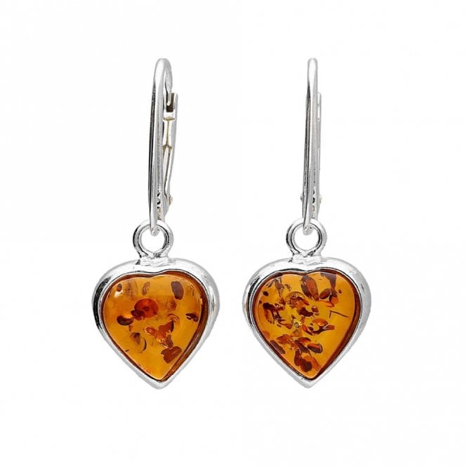 Silver and amber heart drop earrings