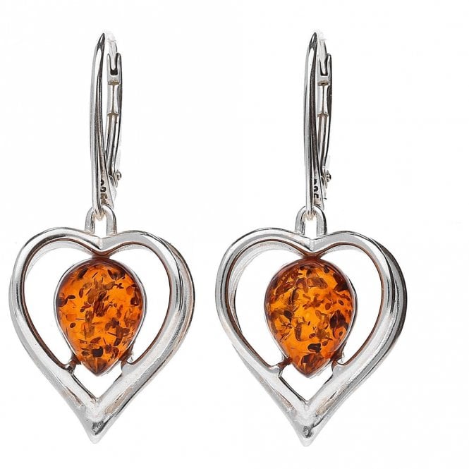 Silver and amber heart drop earrings