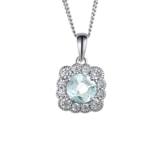 Silver and aquamarine cluster pendant and chain
