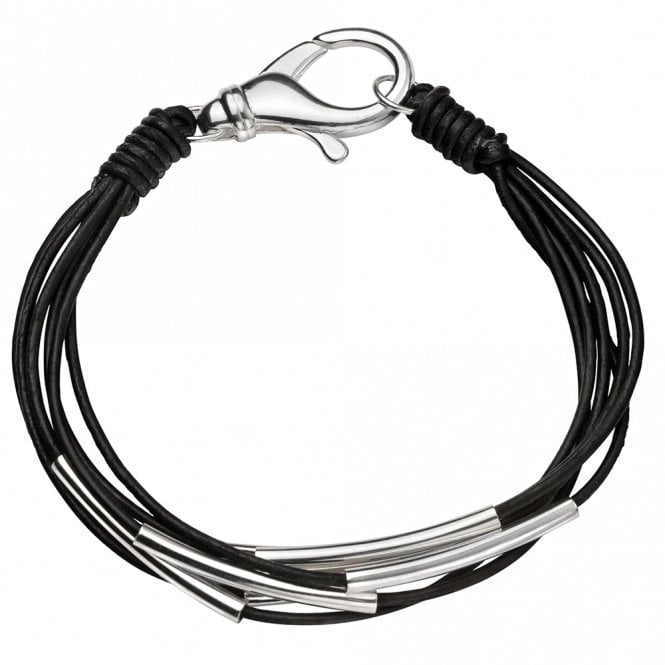 Silver and black leather multi strand bracelet