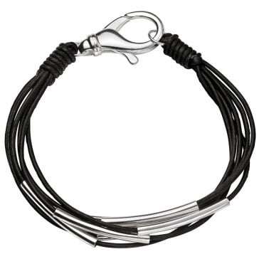 Silver and black leather multi strand bracelet