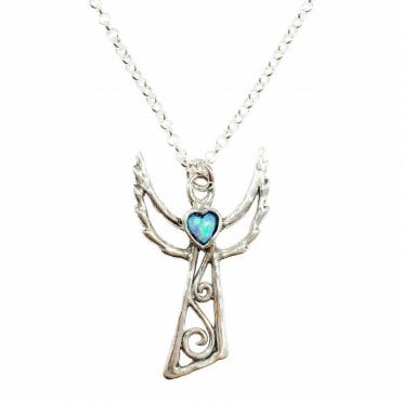 Silver and blue opal angel pendant and chain