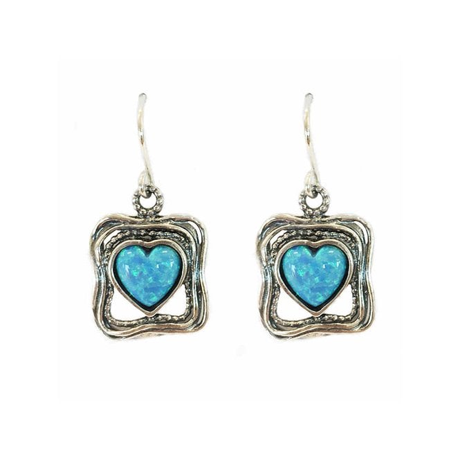 Silver and blue opal heart drop earrings