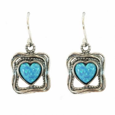 Silver and blue opal heart drop earrings
