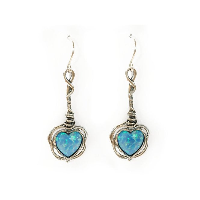 Silver and blue opal heart drop earrings