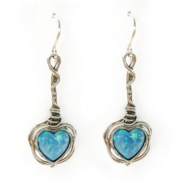 Silver and blue opal heart drop earrings